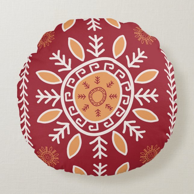 Colorful Red, Simple Tribal Pattern, Round Pillow (Front)