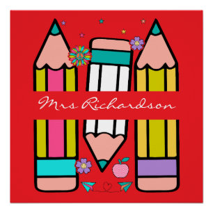 Colorful Red Teacher Cartoon Pencil Poster