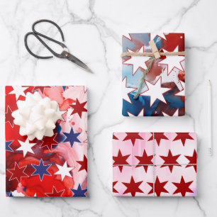 Colorful Red White & Blue Star Pattern Design Wrapping Paper Sheet