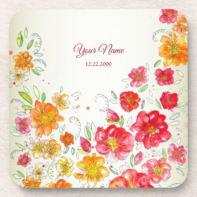 Colorful Red Yellow Pink Floral Wedding Party Coaster (Front)