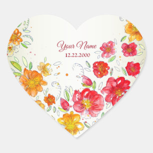 Colorful Red Yellow Pink Floral Wedding Party Heart Sticker