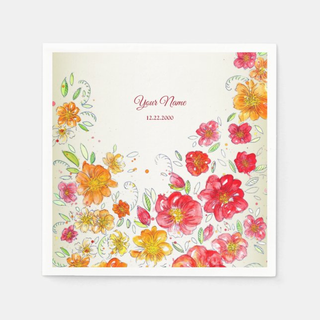 Colorful Red Yellow Pink Floral Wedding Party Napkin (Front)