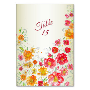 Colorful Red Yellow Pink Floral Wedding Party  Table Number