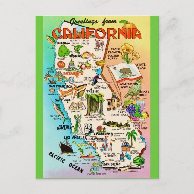  Colorful Retro California Map  Postcard (Front)