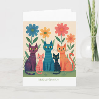 Colorful Retro Cats in Flower Garden – Whimsical Card