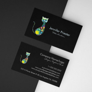 Colorful Retro Floral Cat & Black Damasks Business Card