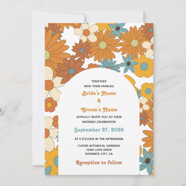 Colorful Retro Flowers 60's 70's Arch Wedding Invitation (Front)