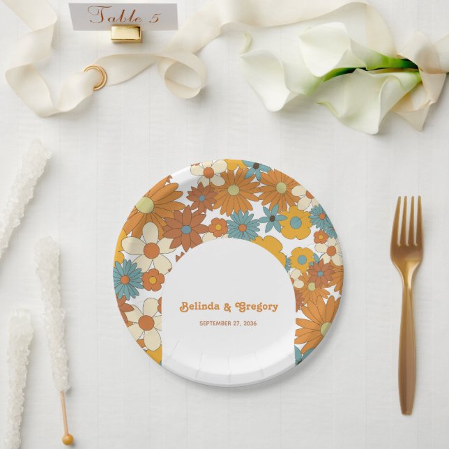 Colorful Retro Flowers 60's 70's Arch Wedding Paper Plate (Wedding)