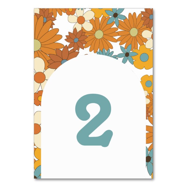Colorful Retro Flowers 60's 70's Arch Wedding Table Number (Front)
