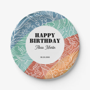 Colorful Retro Groovy Rainbow Floral Birthday Paper Plate