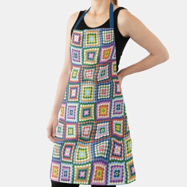 Colorful Retro Mid-Century Mid-Mod Crochet Blossom Apron (Insitu)