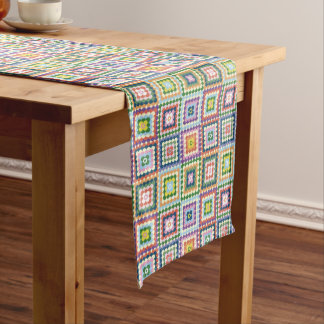Colorful Retro Mid-Century Mid-Mod Crochet Blossom Medium Table Runner