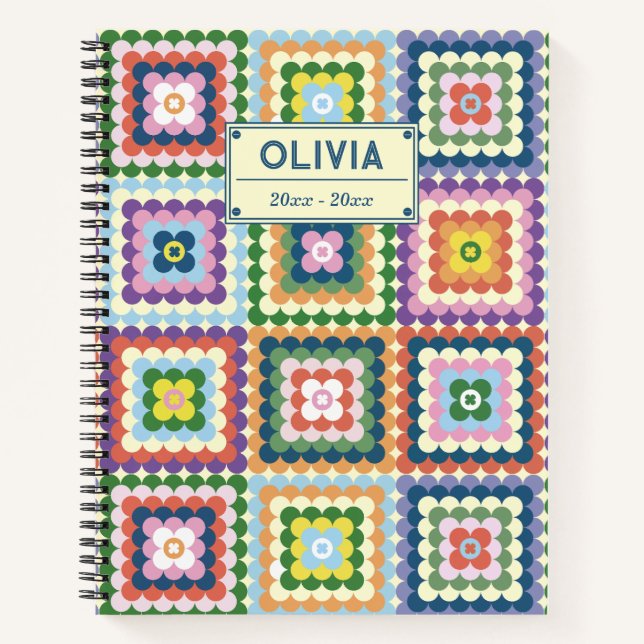 Colorful Retro Mid-Century Mid-Mod Crochet Blossom Notebook (Front)