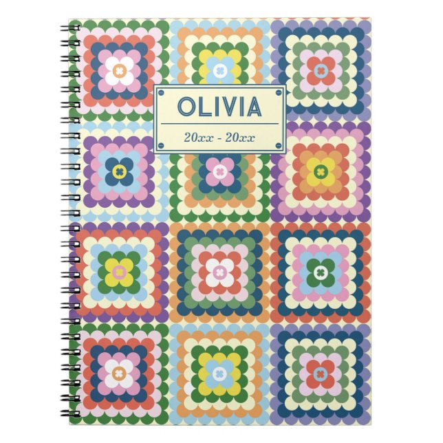 Colorful Retro Mid-Century Mid-Mod Crochet Blossom Notebook (Front)