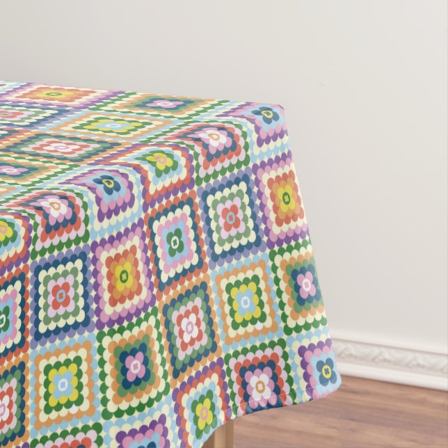 Colorful Retro Mid-Century Mid-Mod Crochet Blossom Tablecloth (In Situ)