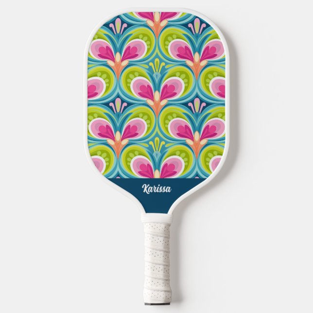 Colorful Retro Pattern Monogram Name Pickleball Paddle (Front)