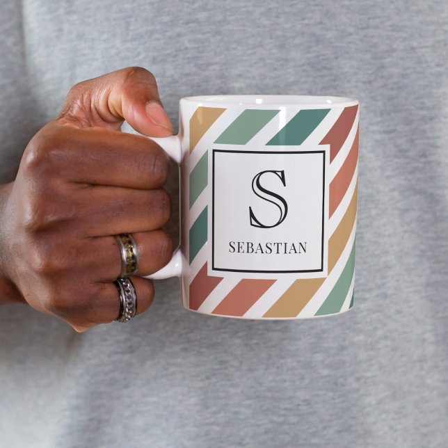 Colorful Retro Stripes Pattern Monogram and Name Coffee Mug (Creator Uploaded)