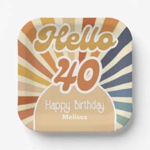 Colorful Retro Sun Groovy Wave Hello 40th Birthday Paper Plate