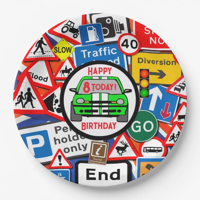 Colorful Road Signs, Birthday Party Paper Plate (Front)
