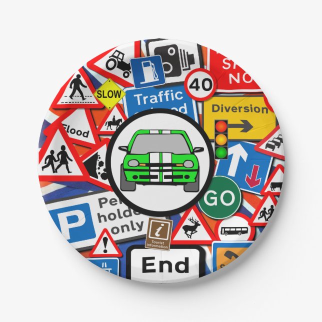 Colorful Road Signs, Birthday Party Paper Plate (Front)