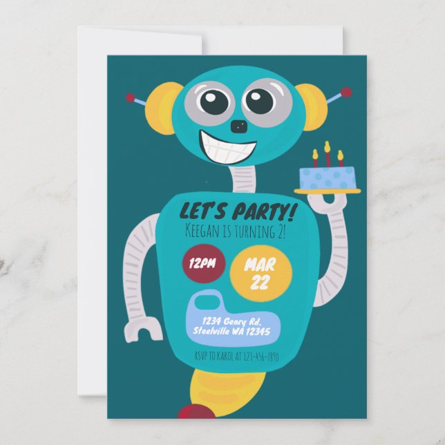Colorful Robot Boys Second Birthday Invitation (Front)