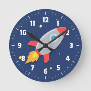 Colorful Rocket Ship, Outer Space, For Kids Room Round Clock