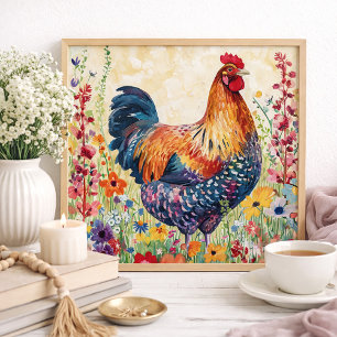 Colorful Rooster Chicken Farmhouse Cottage Wall Poster
