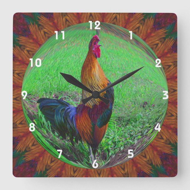 Colorful Rooster Crowing Abstract Art Square Wall Clock (Front)