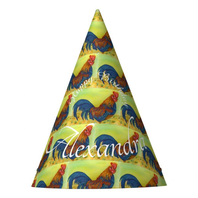 Colorful Rooster Happy Birthday Party Hat (Front)