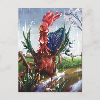Colorful Rooster in Spring Rain Art Postcard