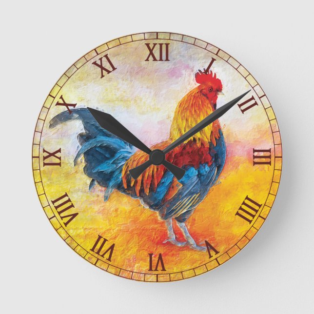 Colorful Rooster Maroon Roman Numbers Round Clock (Front)