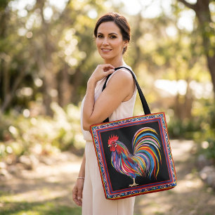 Colorful Rooster Tote Bag with Vibrant Art and Geo