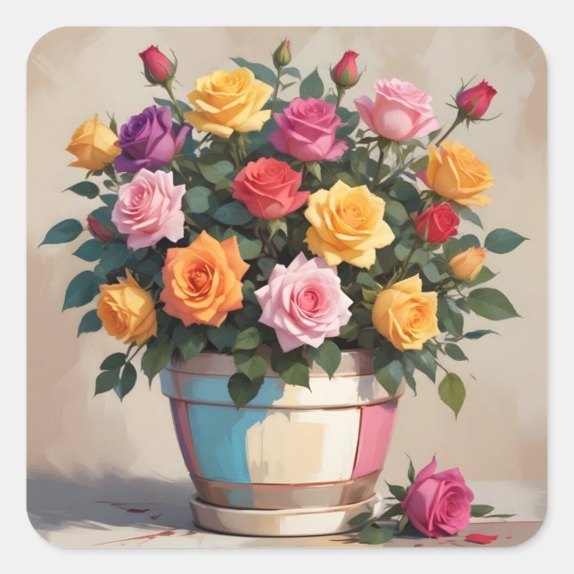 Colorful roses bouquet square sticker (Front)