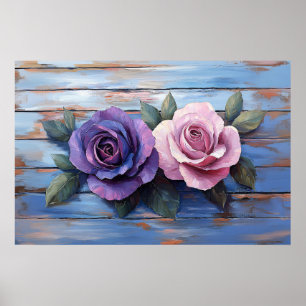 Colorful Roses on Rustic Wooden Background Poster