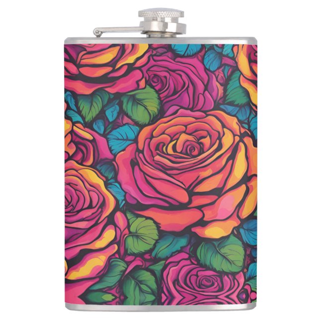 Colorful Roses Psychedelic Bright Flowers Retro  Hip Flask (Front)