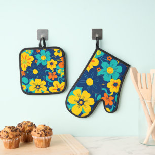 Colorful Rush Blooms-Dopamine Style-Retro Flowers Oven Mitt & Pot Holder Set