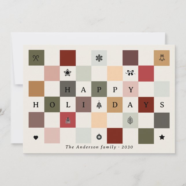 Colorful Rustic Cute Happy Holidays Checkerboard  Holiday Card (Front)