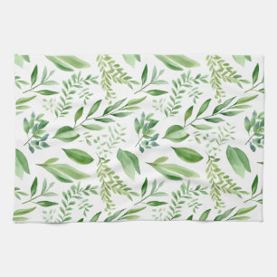   Colorful Rustic Eucalyptus Watercolor Leaves  Tea Towel