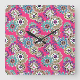 Colorful rustic floral pattern retro square wall clock