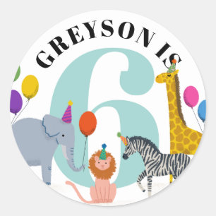 Colorful Safari Animals Birthday Name and Age Classic Round Sticker
