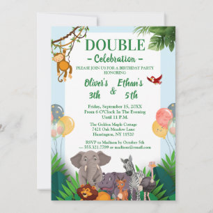 Colorful Safari Animals Kids Joint Birthday Invitation