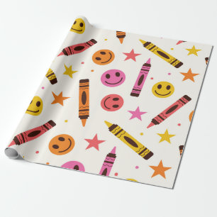 Colorful School Crayons with Happy Faces Pattern  Wrapping Paper