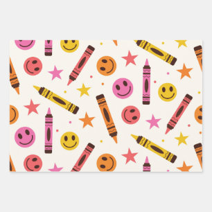Colorful School Crayons with Happy Faces Pattern  Wrapping Paper Sheet