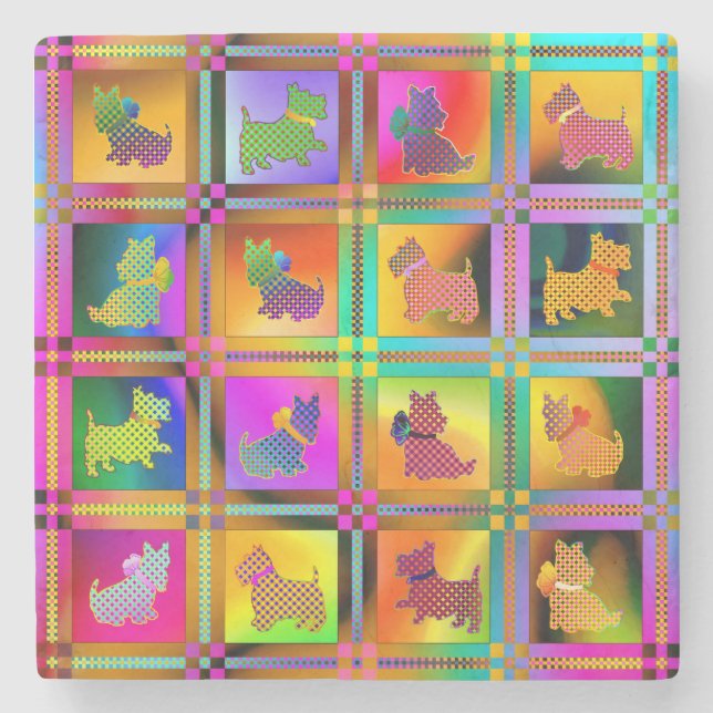  Colorful  Scottish Terriers with Plaid Pattern Stone Coaster (Front)