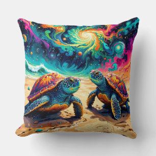 Colorful Sea Turtles Under a Cosmic Sky Cushion