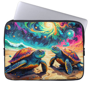 Colorful Sea Turtles Under a Cosmic Sky Laptop Sleeve