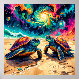 Colorful Sea Turtles Under a Cosmic Sky Poster