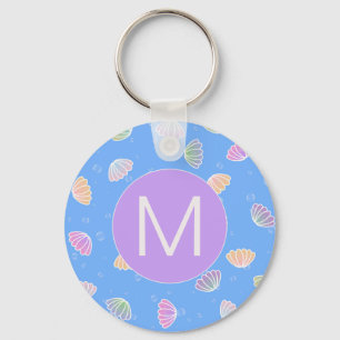 Colorful Seashells Pattern Light Blue Monogram Key Ring