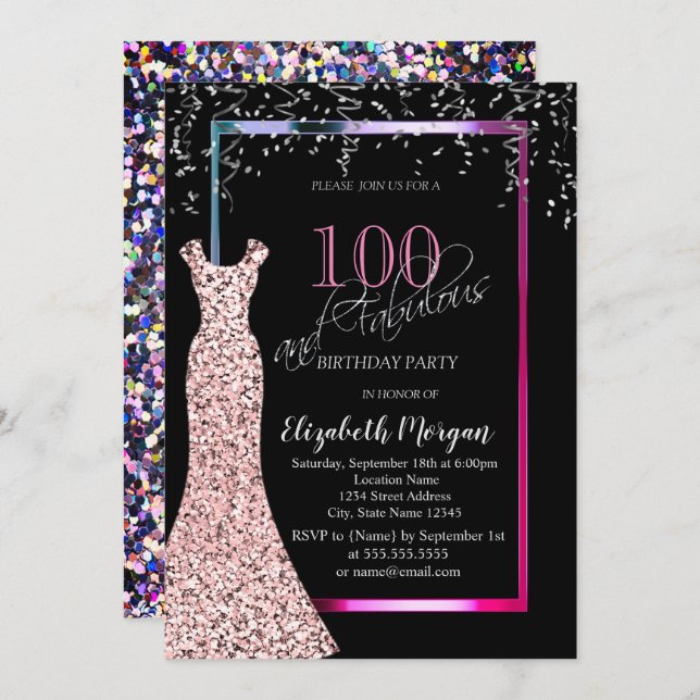 Colorful Sequins Rose Gold Dress 100th Birthday Invitation (Front/Back)