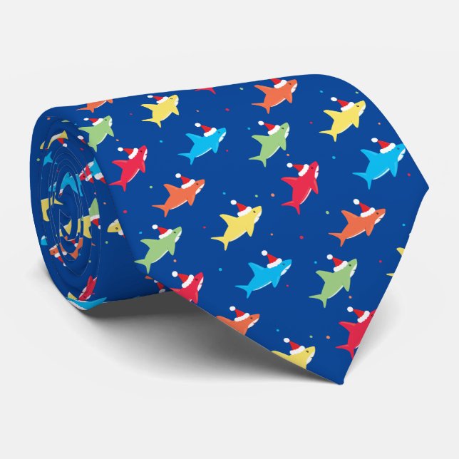 Colorful Sharks Santa Hat Christmas Novelty Tie (Rolled)